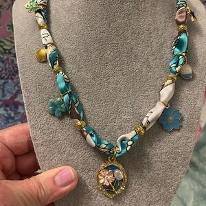 Floral Enamel Boho Scarf Necklace in Teal and White